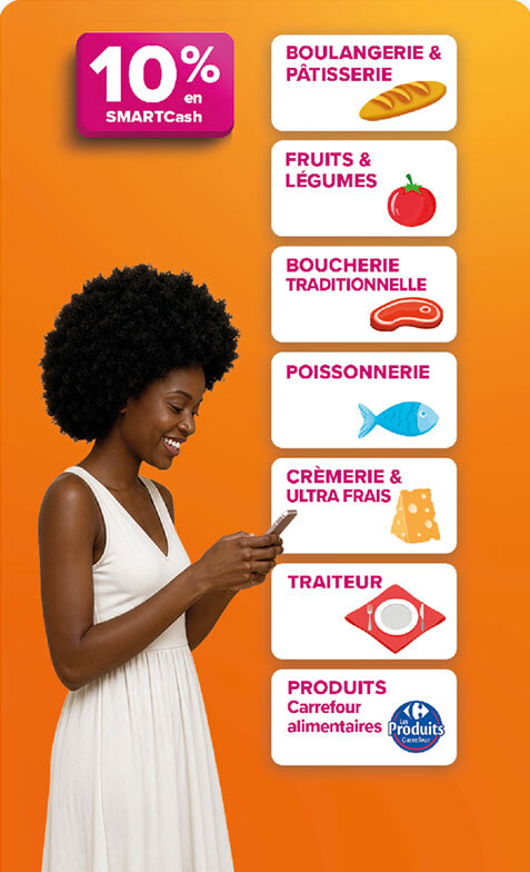 10 % en SMARTCash sur le rayon de votre choix : boulangerie, fruits et légumes, boucherie, poissonnerie, crèmerie, traiteur, produits Carrefour