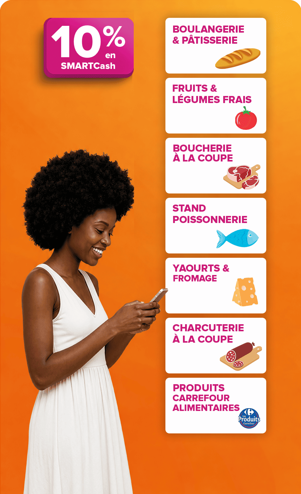 10 % en SMARTCash sur le rayon de votre choix : boulangerie, fruits et légumes, boucherie, poissonnerie, crèmerie, traiteur, produits Carrefour